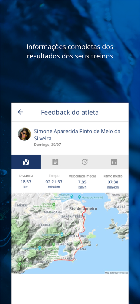Treinus - Tela do aplicativo Treinus mostrando feedback do atleta com estatísticas de treino e um mapa de rota de corrida GPS.