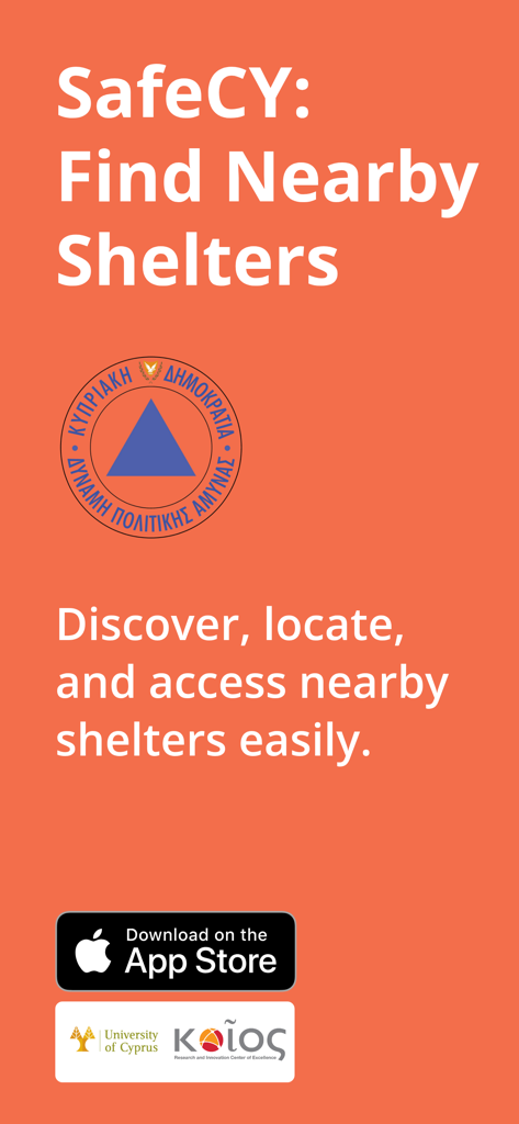 SafeCY - SafeCY app screenshot showing the shelter locator service with official government logos