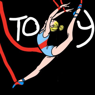 gymnast doing a leap in a leotard with a bent back leg