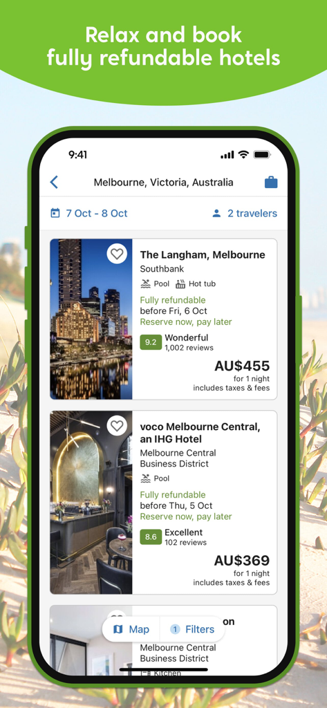 Wotif Hotels & Flights - Wotif app displaying hotel search results in Melbourne with fully refundable and reserve now pay later options.