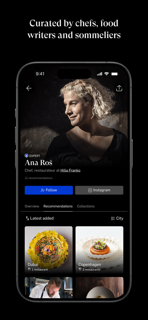 World of Mouth app showing chef Ana Ros expert profile and restaurant recommendations in Dubai and Copenhagen