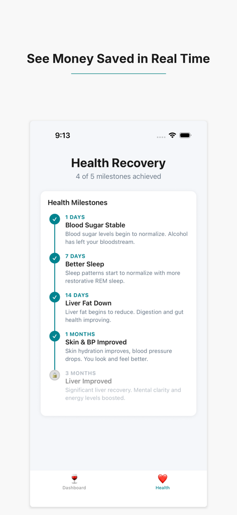 My Sober Journey: Quit Drink - Health recovery timeline showing the physical benefits of quitting alcohol in the My Sober Journey app.