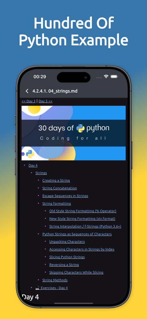 Python Coding Editor 3 IDE App - Una pantalla de aplicación móvil que muestra una lista estructurada de ejemplos y tutoriales de cadenas de Python bajo un desafío de codificación de treinta días.