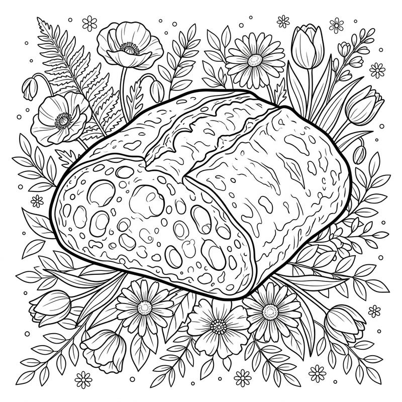 Indulge in a delightful coloring experience with our charming ciabatta rolls nestled among beautiful spring blooms. This page invites you to bring vibrant life to a rustic loaf surrounded by the fresh energy of the season.