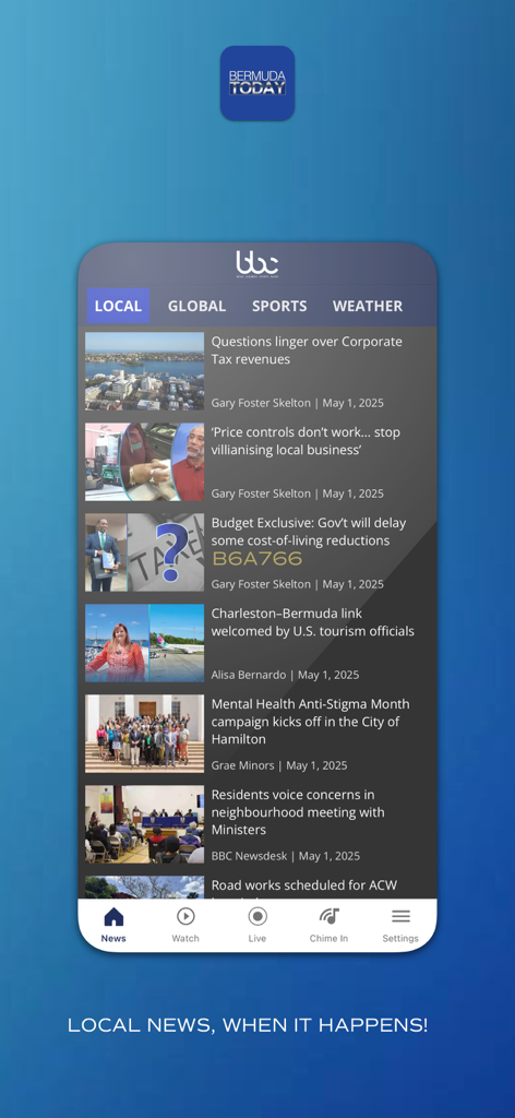 Bermuda Today - Bermuda Today app interface showing a list of local news articles on an iPhone
