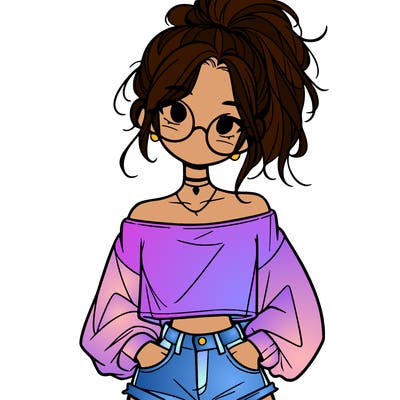 girl with a messy ponytail glasses a baggy crop top and jean shorts