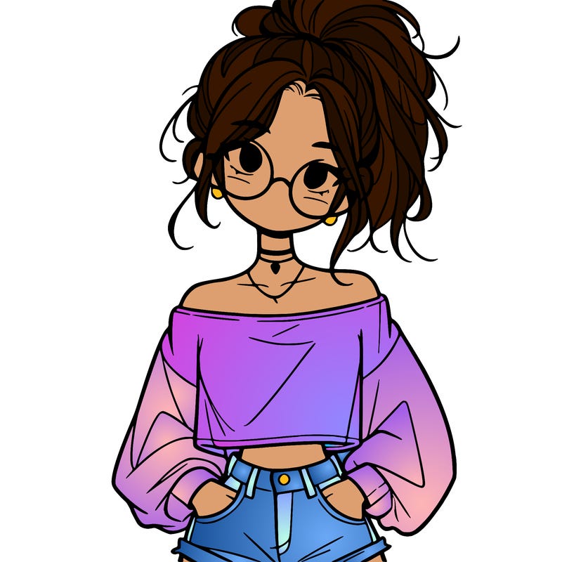 girl with a messy ponytail glasses a baggy crop top and jean shorts