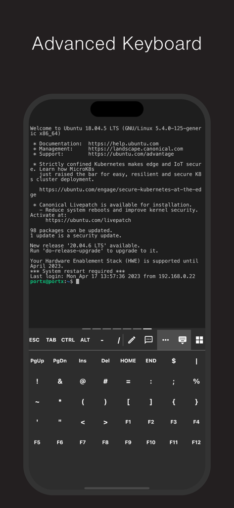 PortX - SSH, SFTP Client - PortX App zeigt eine erweiterte Terminaltastatur mit Funktionstasten während einer Linux-SSH-Sitzung