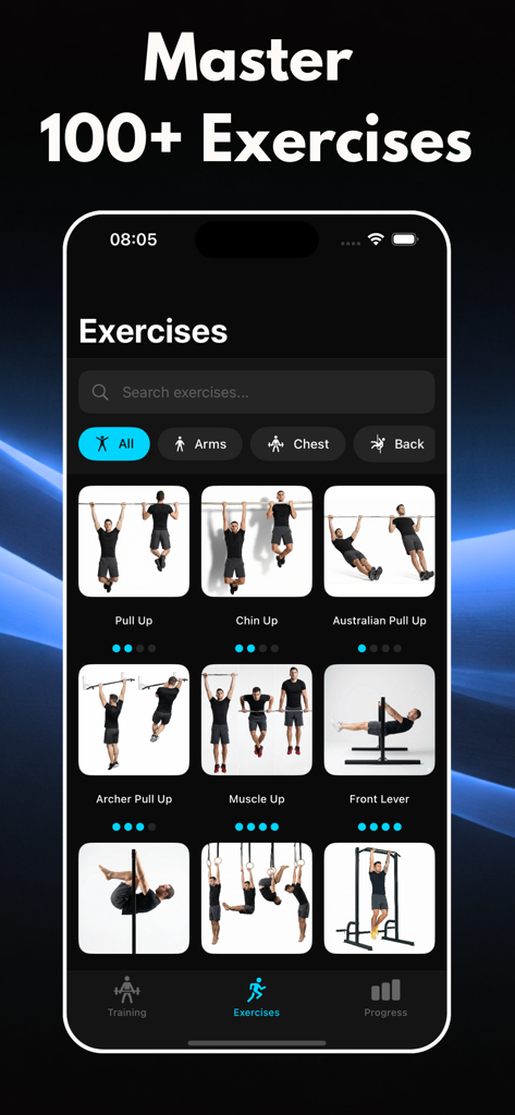 Calisthenics: CaliFit - CaliFit app exercise library screen displaying a variety of bodyweight exercises like pull ups muscle ups and front levers