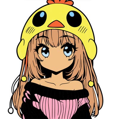 anime girl with chick shaped hat with sweater with bare shoulders with bangs covering them one eye with low tail