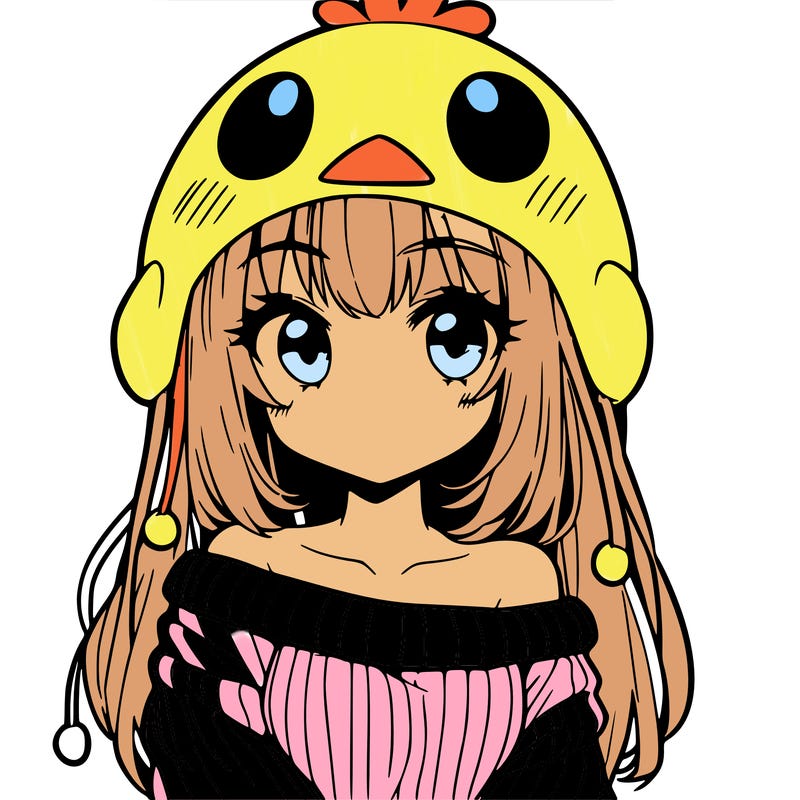 anime girl with chick shaped hat with sweater with bare shoulders with bangs covering them one eye with low tail