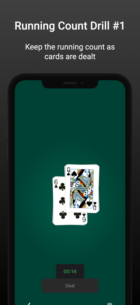 Bildschirmaufnahme einer Laufzähler-Übung in der Blackjack Hi-Lo Kartenzähl-App mit einer 6 von Kreuz und Dame von Pik.
