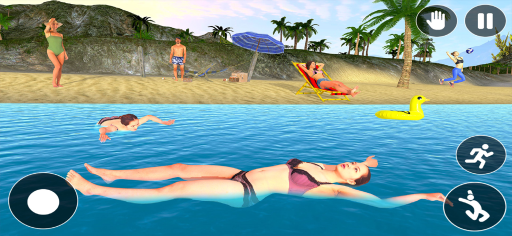 Grand Beach Club Simulator 3D - Characters swimming in the sea and relaxing on the shore in Grand Beach Club Simulator 3D