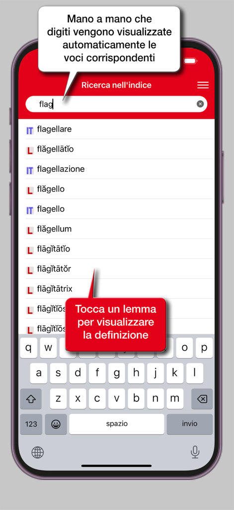Suchoberfläche der Dizionario Latino Hoepli App, die Echtzeit-Wortvorschläge für lateinische und italienische Begriffe anzeigt.