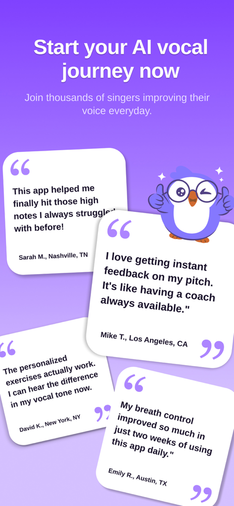 Vocaflow - Singing Coach - A screen showing user reviews from several cities praising Vocaflow for improving pitch and breath control.