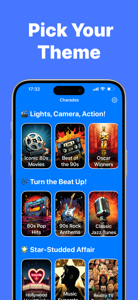 Charades Up - Guess The Word - Charades Up mobile app screen showing thematic game categories like movies and music