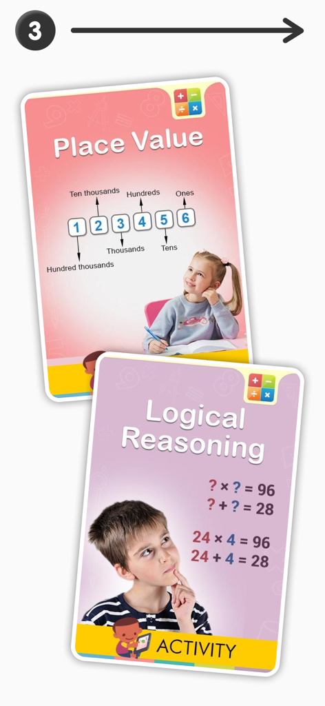 Educational math activity cards for third grade covering place value and logical reasoning