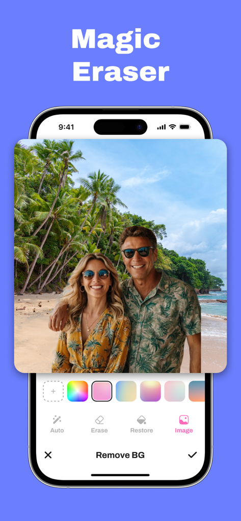Photo eraser - AI retouch - Tela de smartphone mostrando o recurso Borracha Mágica removendo um fundo de praia da foto de um casal