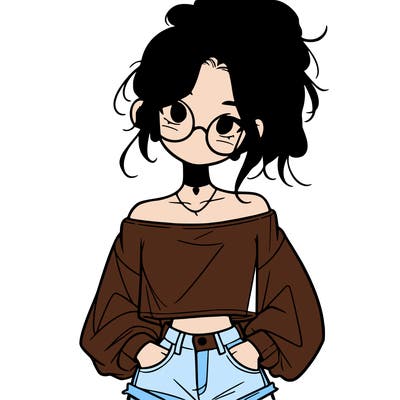 girl with a messy ponytail glasses a baggy crop top and jean shorts