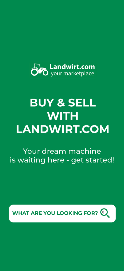 검색창과 기계 구매 및 판매 액션 버튼이 있는 Landwirt.com 트랙터 마켓 앱 환영 화면