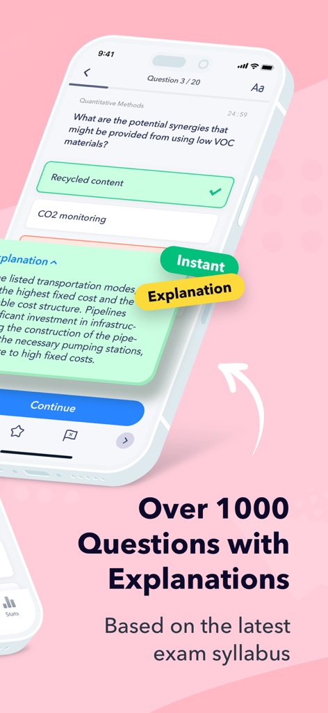 APICS CSCP Exam Prep: 2026 - Uno schermo di telefono cellulare che mostra una domanda di pratica di gestione della supply chain e una funzione di spiegazione istantanea dall'app APICS CSCP Exam Prep.