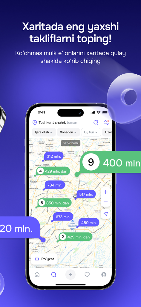 Urbo - Uy sotib olish va ijara - Urbo mobile app screen showing real estate listings and prices on a map of Tashkent