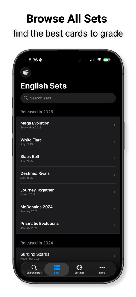 Grading Calculator for Pokemon - Interface do aplicativo mostrando uma lista de conjuntos de cartas de Pokémon em inglês categorizados por ano de lançamento para ajudar os usuários a encontrar cartas para classificação.