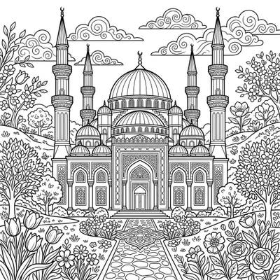 Discover the beauty of a majestic mosque set against a vibrant spring landscape in this intricate coloring page. Designed for teens, it offers a peaceful and engaging artistic journey.