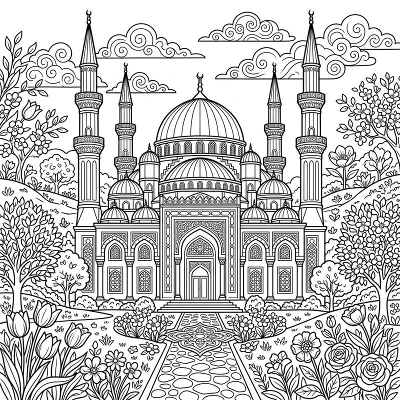 Discover the beauty of a majestic mosque set against a vibrant spring landscape in this intricate coloring page. Designed for teens, it offers a peaceful and engaging artistic journey.