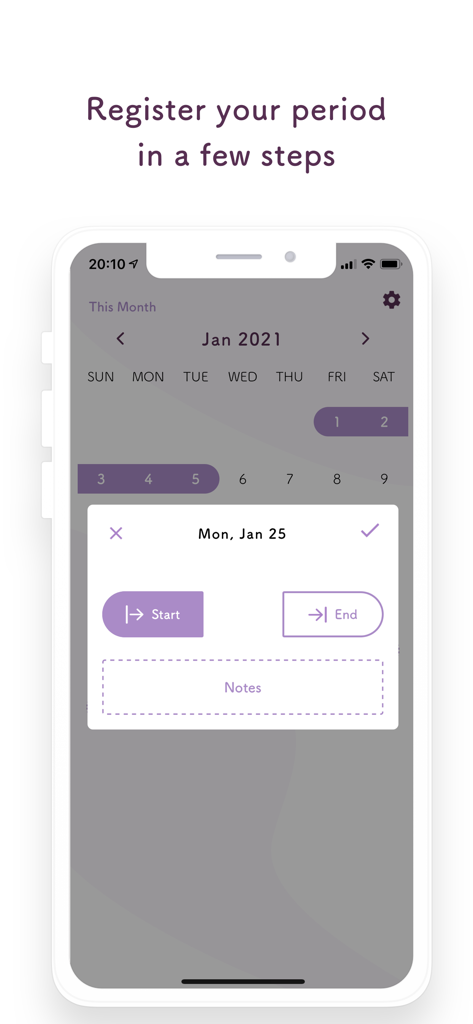 Simple Cycle Tracker Simpluna - Interface do aplicativo Simpluna mostrando um calendário minimalista e um pop-up de registro de período