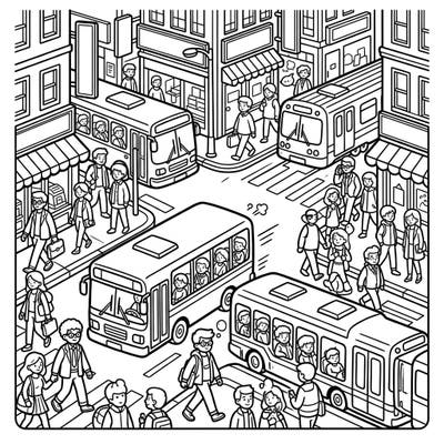 Step into the exciting world of a bustling city with this engaging coloring page, perfect for young artists. Capture the energy of commuters, buses, and city buildings as you bring this urban scene to life with your favorite colors.