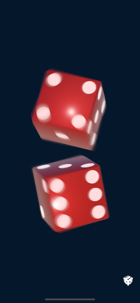 Dois dados vermelhos de seis lados rolando em um fundo escuro em um aplicativo de dados digital minimalista.