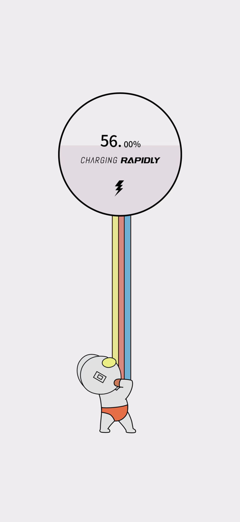 Una pantalla de animación de carga de la aplicación Pika Charging show que muestra un personaje de dibujos animados y el porcentaje de batería.