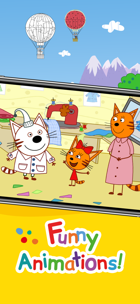 Kid-E-Cats: Draw & Color Games - Kid-E-Cats characters in an animated tailor shop scene on a smartphone screen