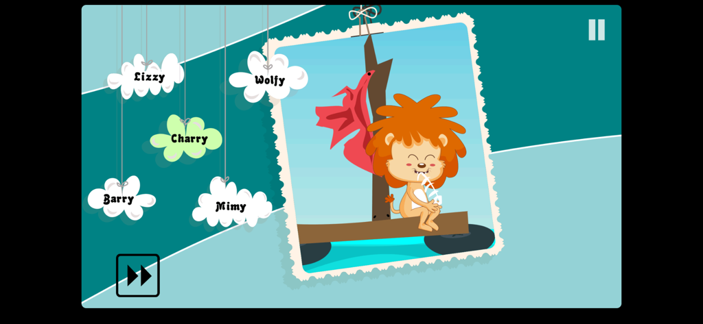 Tiny Story 2 Adventure - Tiny Story 2 Adventureのキャラクター選択画面。かわいいライオンと、雲の上に名前が表示されたヒーローたち。