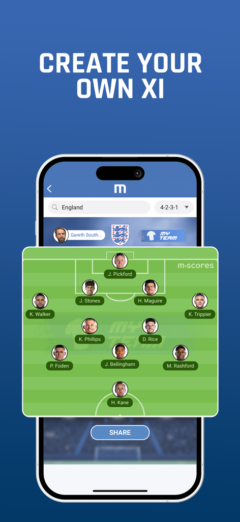 M Scores App-Oberfläche zur Erstellung einer benutzerdefinierten Fußball-Startelf