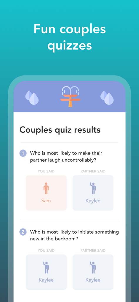 Screen showing results of a fun couples quiz on the Evergreen relationship app comparing partner answers