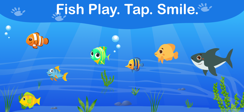 ABC Letter Tracing Games - Escena submarina interactiva con peces de dibujos animados coloridos y un tiburón para preescolares.