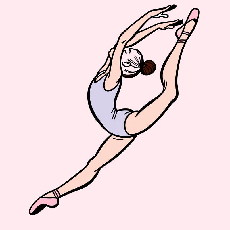 gymnast doing a leap in a leotard with a bent back leg