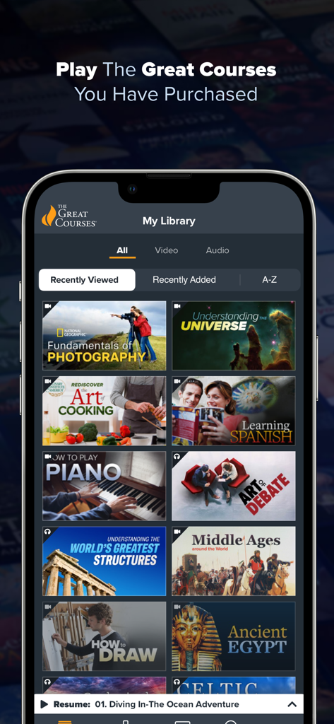 The My Library screen of The Great Courses app on a smartphone displaying a variety of video and audio lectures.