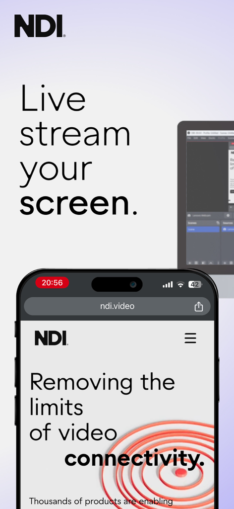 A smartphone displaying the NDI Capture app interface for live screen streaming and video connectivity.