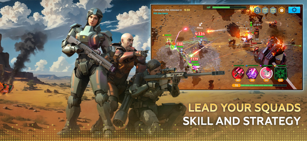 Mech & Aliens: Robot Battle - Soldados blindados en un entorno desértico con una superposición de juego táctica de batalla de robots desde arriba