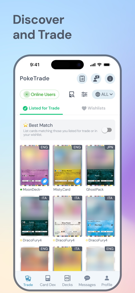 Interface of PokeTrade app showing a list of Pokémon cards available for trade with language tags and user profiles.