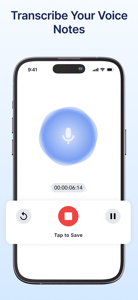 Mobile app interface showing the voice recording feature with a microphone icon and a timer for transcribing voice notes.