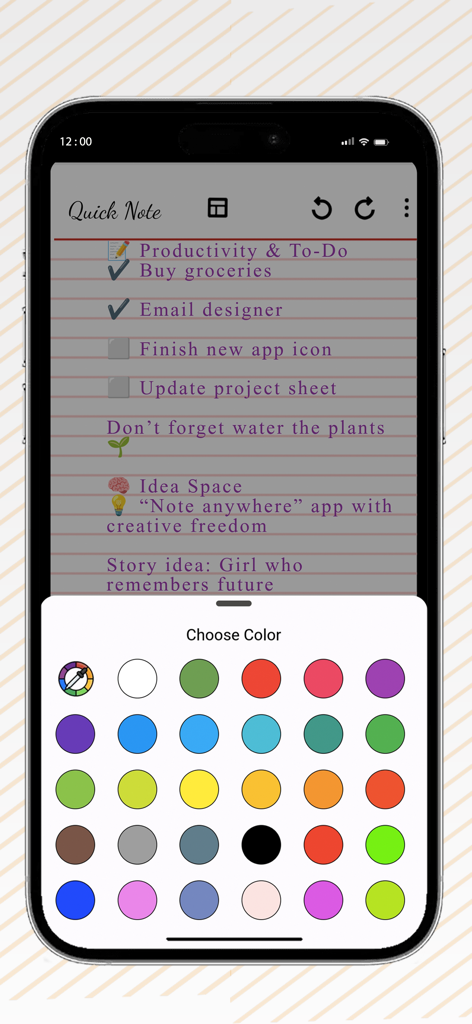 Quick Note App-Oberfläche, die eine Farbpalette für eine digitale To-Do-Liste zeigt.