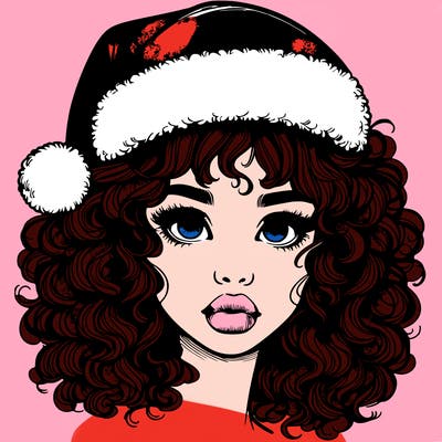 realistic girl with a santa hat curly hair and lips