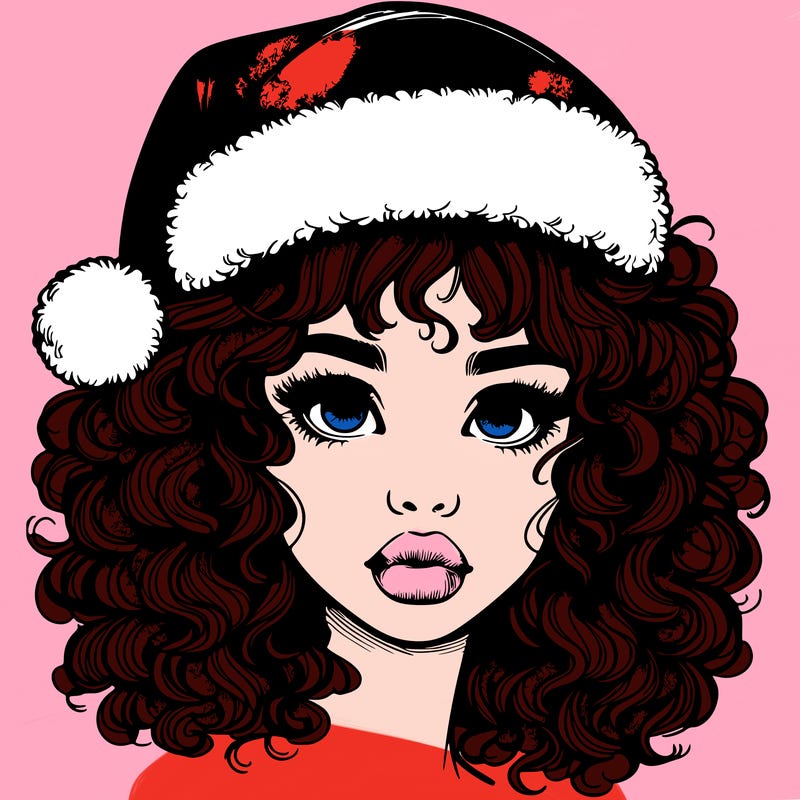 realistic girl with a santa hat curly hair and lips