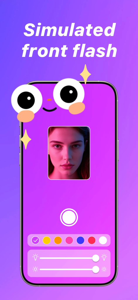 LumiCam - Selfie Light Camera - Smartphone screen displaying the LumiCam app interface with simulated front flash and color adjustment controls for nighttime selfies.