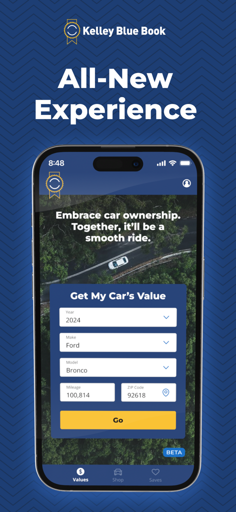 Pantalla de la aplicación móvil Kelley Blue Book que muestra una herramienta para calcular el valor de intercambio y el valor de mercado justo del coche