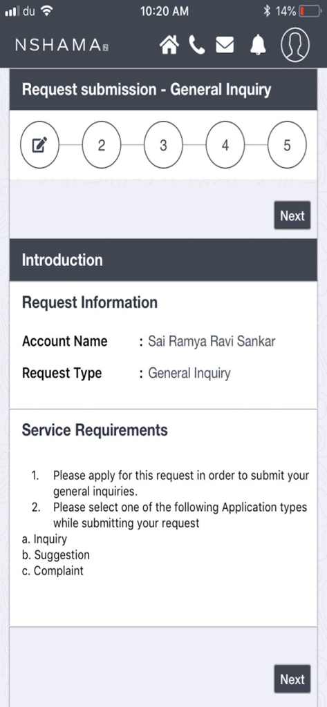 Nshama Connect - Nshama Connect app general inquiry request submission screen showing account information and service requirements